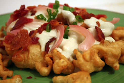 Post image for Savory Funnel Cake with Bacon and Blue Cheese Sauce
